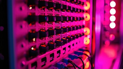 Poster - Vibrant Pink Network Server Rack Closeup Technology Data Center