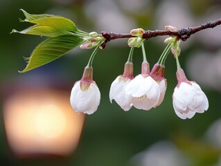 Canvas Print - Delicate White Cherry Blossom Blooms on Branch Against Soft Bokeh Background in Spring Season