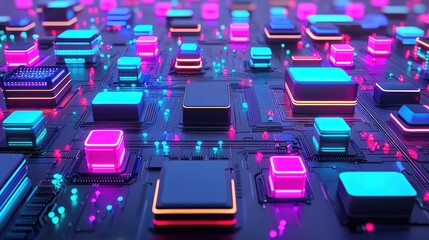 Poster - Neon Circuit Board: A Futuristic Digital Landscape