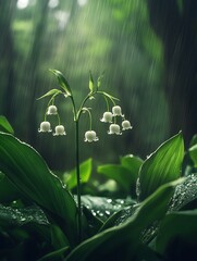 Poster - Lily of the valley blossoms in rain.