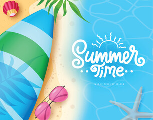 Poster - Summer time background clipart design. Summer time text in blue beach top view abstract background with printed surfboard elements vector illustration.
