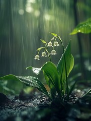 Canvas Print - Lily of the valley in rain.