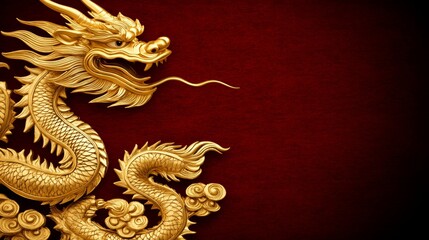 Wall Mural - Golden Dragon Ornament Against Red Background