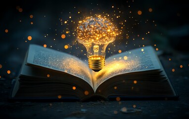 Poster - An open book with a glowing brainshaped light bulb emanating bright rays of light, symbolizing innovation and intelligence, soft glowing effect