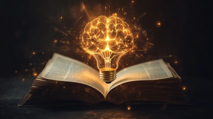 Poster - An open book with a glowing brainshaped light bulb emanating bright rays of light, symbolizing innovation and intelligence, soft glowing effect
