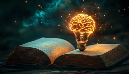 Poster - An open book with a radiant, glowing brainshaped light bulb emerging from its pages, depicting the power of creative knowledge and invention, warm light effects