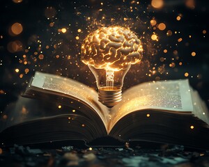 Poster - Open book with a luminous, brainshaped light bulb floating above it, glowing with bright, soft light, representing the fusion of intellect and creativity