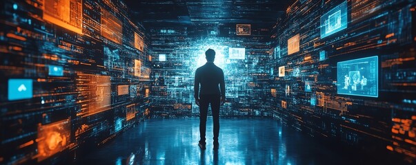 Poster - A figure surrounded by interactive digital data and social media platforms, symbolizing technologys power in the modern content creation process