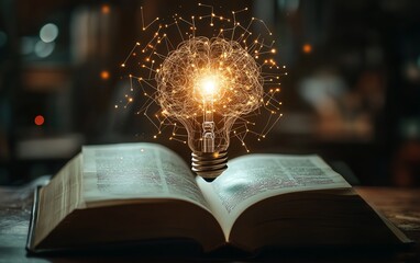 Poster - A glowing brainshaped light bulb hovering above an open book, with intricate light patterns surrounding it, symbolizing deep knowledge and invention
