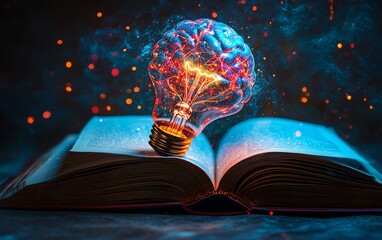 Poster - A surreal glowing brainshaped light bulb emerging from an open book, shining with vivid colors, symbolizing innovative knowledge and fresh ideas
