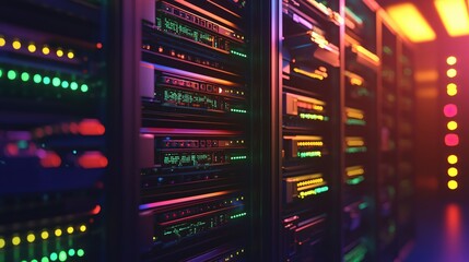Poster - Vibrant Illuminated Server Racks Data Center Technology Network Infrastructure