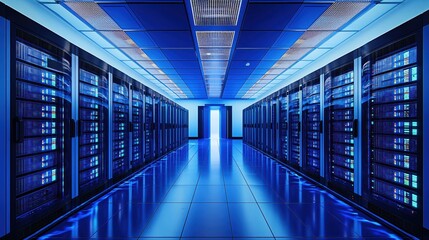 Poster - Modern Data Center Server Room Technology Blue Light Corridor