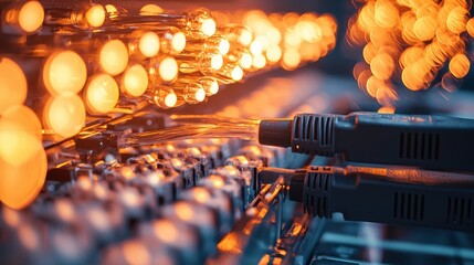 Poster - Network Cables Glowing with Warm Orange Lights Data Center Technology
