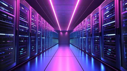 Poster - Futuristic Server Room Neon Lights Data Center Technology