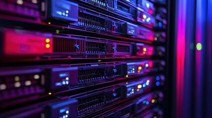 Poster - Powerful Server Rack in Vibrant Pink and Purple Light Technology Data Center