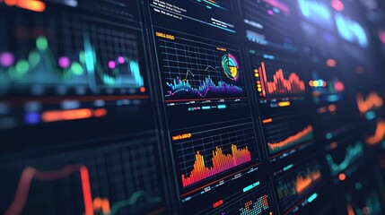 Poster - Dynamic Financial Data Visualization Neon Graphs Charts Stock Market Analysis