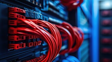 Poster - Red Network Cables in Modern Data Center Server Rack Technology