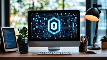 Poster - Digital Security System Network Protection Modern Workplace Computer Screen
