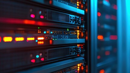 Poster - Server Rack Network Technology Data Center Digital Infrastructure Blue Red Lights