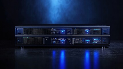 Poster - Sleek Black Network Servers Glowing Blue in Dark Room