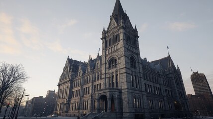 Wall Mural - Historic stone building with intricate architecture at dawn, surrounded by city skyline