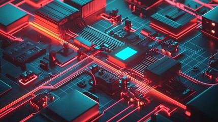 Poster - Futuristic Circuit Board Technology Abstract Neon Red Blue Glow