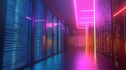 Poster - Neon Lit Server Room Corridor Digital Technology Data Center Infrastructure