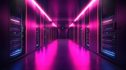 Poster - Futuristic Server Room Neon Lights Data Center Technology
