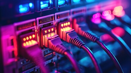 Poster - Network Cables Connected to Server in Vibrant Neon Light