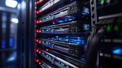 Poster - Illuminated Server Rack Data Center Technology Close Up