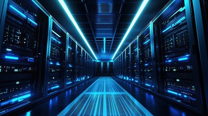 Poster - Modern Data Center Server Room Technology Blue Lights Network Infrastructure