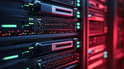 Poster - Modern Data Center Server Racks Illuminated with Red and Green Lights