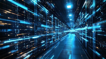 Poster - Futuristic Data Center Corridor High Tech Server Room Blue Light Streaks