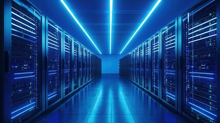 Poster - Blue Lit Server Room Modern Data Center Technology Infrastructure