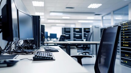 Poster - Modern Office Workspace Technology Desk Computers Server Room