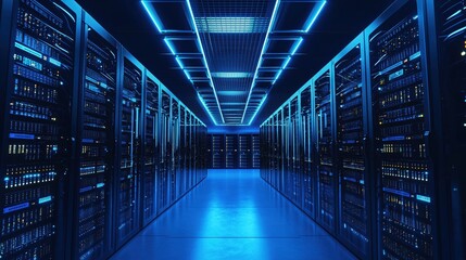 Poster - Futuristic Server Room Blue Light Technology Data Center Network