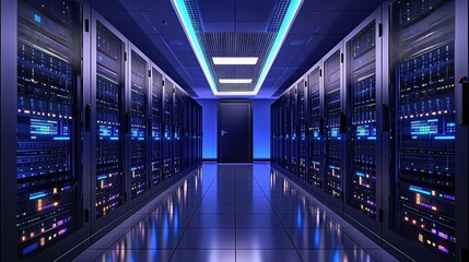 Poster - Modern Server Room Corridor Blue Lighting Technology Data Center Infrastructure