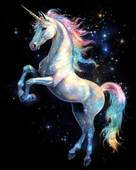 magical unicorn with shimmering, starry coat and colorful mane stands against cosmic background, embodying wonder and fantasy