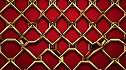 Poster - Golden Geometric Grid on Red Background Abstract Design