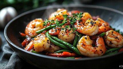 Wall Mural - Delicious Shrimp Stir-fry with Green Beans and Sesame Seeds