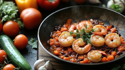 Wall Mural - Shrimp and Vegetable Dish in Rustic Pan