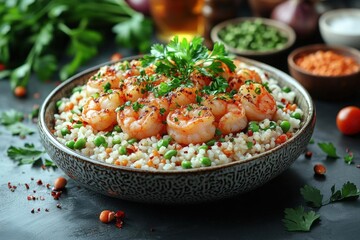 Wall Mural - Shrimp and Rice Dish with Peas and Parsley