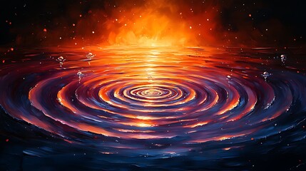 Wall Mural - Fiery sunset reflected in water ripples, cosmic background, fantasy art