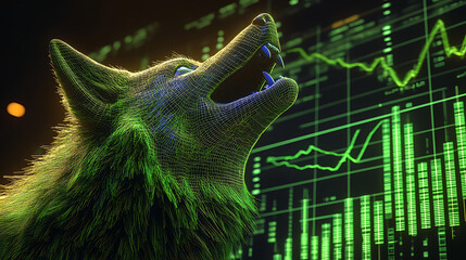 Canvas Print - Digital Wolf Howling Against Financial Market Data