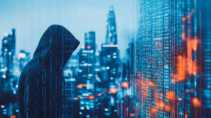  Abstract business man stands on Smart digital Innovation city with connection network reciprocity over the twilight cityscape. of future wireless digital city and social media networking systems
