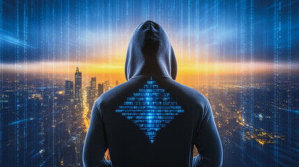  Abstract business man stands on Smart digital Innovation city with connection network reciprocity over the twilight cityscape. of future wireless digital city and social media networking systems
