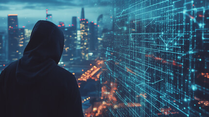  Abstract business man stands on Smart digital Innovation city with connection network reciprocity over the twilight cityscape. of future wireless digital city and social media networking systems