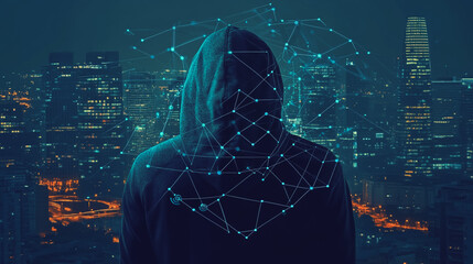  Abstract business man stands on Smart digital Innovation city with connection network reciprocity over the twilight cityscape. of future wireless digital city and social media networking systems