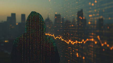  Abstract business man stands on Smart digital Innovation city with connection network reciprocity over the twilight cityscape. of future wireless digital city and social media networking systems