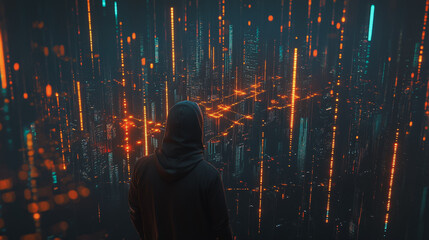  Abstract business man stands on Smart digital Innovation city with connection network reciprocity over the twilight cityscape. of future wireless digital city and social media networking systems